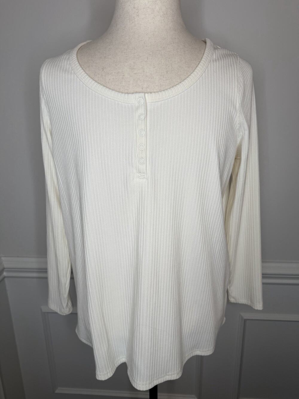 Terra & Sky Women’s Henley Long Sleeve Shirt Size 14W Ivory Ribbed Stretch